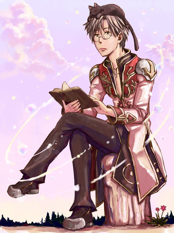 1boy animal animal_on_head black_cat black_coat black_pants black_shoes book cat cat_on_head closed_mouth cloud coat commentary_request cross cross_necklace cross_of_prontera crossed_legs expressionless flower full_body glasses gold_trim grass grey_eyes grey_hair high_priest_(ragnarok_online) holding holding_book jewelry long_sleeves looking_at_viewer male_focus muiro multicolored_coat necklace on_head open_book outdoors pants pink_flower purple_sky ragnarok_online reading red_coat rimless_eyewear shoes short_hair sitting on_tree_stump sky solo two-tone_coat white_coat