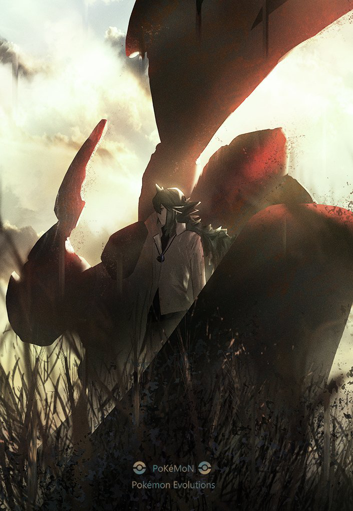 1boy black_shirt concept_art copyright_name from_side gen_5_pokemon grass green_hair jacket jewelry legendary_pokemon long_hair n_(pokemon) necklace nintendo official_art otsumami_(bu-bu-heaven) outdoors pokemon pokemon_(creature) pokemon_bw pokemon_evolutions shirt sky standing white_jacket zekrom