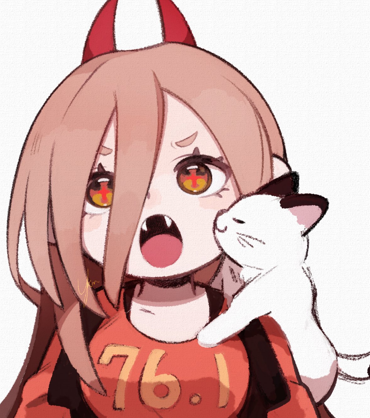 1girl animal animal_on_shoulder cat cat_on_shoulder chainsaw_man clothes_writing fangs highres horns meowy_(chainsaw_man) open_mouth power_(chainsaw_man) solo yknsugar