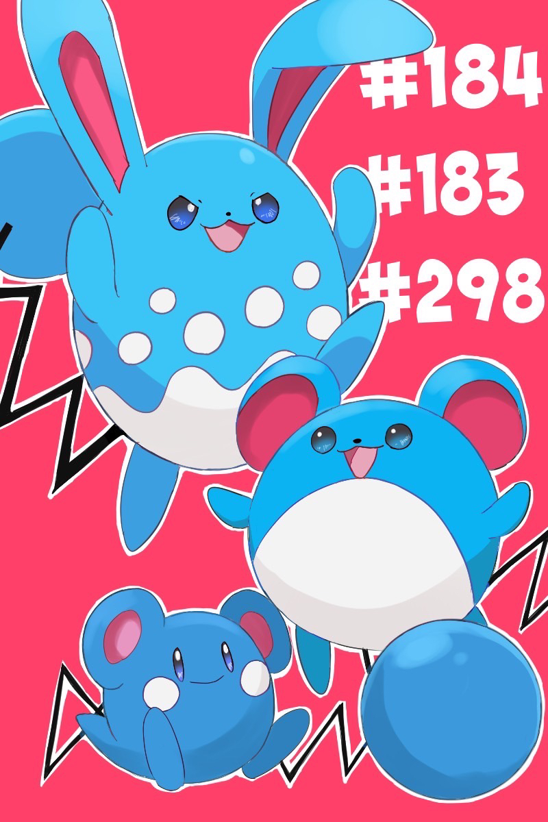azumarill azurill blue_eyes bright_pupils evolutionary_line full_body game_freak gen_2_pokemon gen_3_pokemon marill nintendo no_humans open_mouth pokemon pokemon_(creature) simple_background sitting smile white_pupils