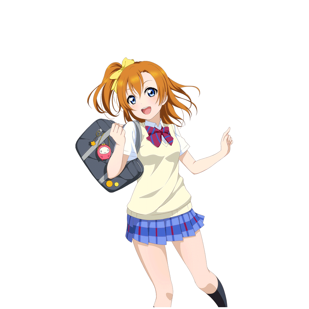 1girl bag bag_charm black_socks blue_eyes blue_skirt blush bow bowtie brown_sweater_vest charm_(object) clenched_hand cowboy_shot diagonal-striped_bow diagonal-striped_bowtie diagonal-striped_clothes dress_shirt hair_bow hands_up holding holding_bag index_finger_raised kneehighs kosaka_honoka looking_at_viewer love_live! love_live!_school_idol_festival love_live!_school_idol_project miniskirt official_art one_side_up open_mouth orange_hair otonokizaka_school_uniform plaid_clothes plaid_skirt pleated_skirt red_bow red_bowtie school_bag school_uniform shirt short_sleeves skirt smile socks solo standing striped_clothes sweater_vest teeth transparent_background upper_teeth_only white_shirt yellow_bow