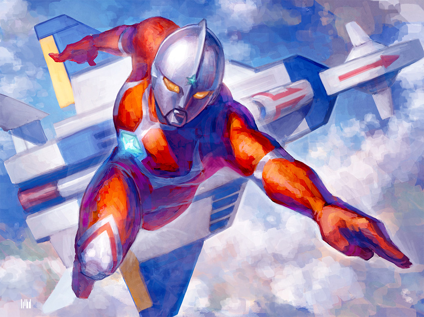 1boy aircraft airplane cloud flying fmu looking_ahead male_focus retro_artstyle science_fiction solo the_ultraman_(anime) tokusatsu ultra_series ultraman_joneus yellow_eyes