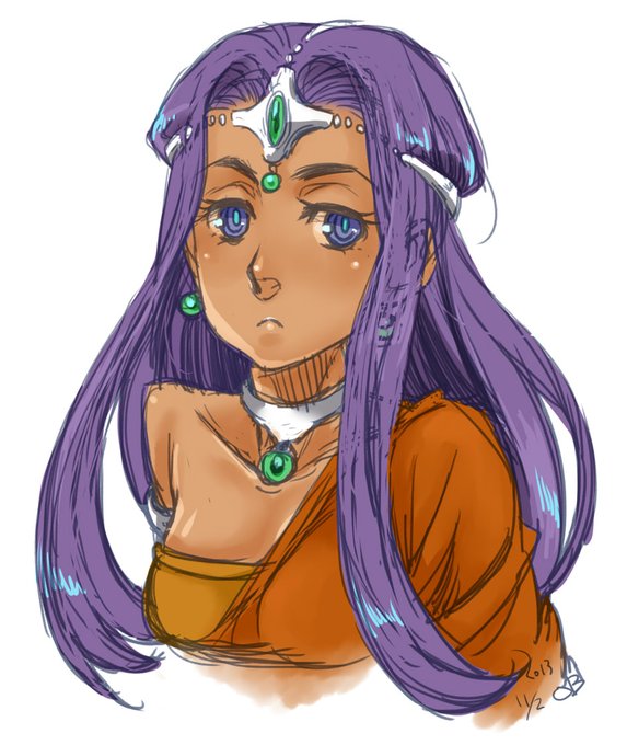 1girl 2013 asymmetrical_dress bad_id bad_twitter_id circlet curtained_hair dark-skinned_female dark_skin dated dragon_quest dragon_quest_iv dress earrings forehead_jewel gem green_gemstone jewelry light_frown long_hair long_sleeves looking_at_viewer minea_(dq4) mori_obi neck_ring orange_dress parted_bangs portrait purple_eyes purple_hair ringed_eyes single_bare_shoulder single_sleeve solo sphere_earrings