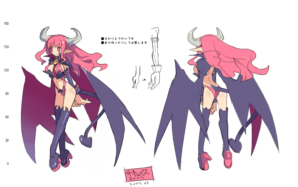 00s 2007 2girls arm_warmers bat_wings black_legwear boots breasts concept_art demon_girl demon_horns demon_tail detached_sleeves disgaea dual_persona full_body harada_takehito height_chart high_heel_boots high_heels horns long_hair multiple_girls multiple_views necktie official_art pink_eyes pink_hair platform_boots platform_footwear platform_heels pointy_ears revealing_clothes smile succubus_(disgaea) tail thigh_boots thighhighs translation_request white_background wings