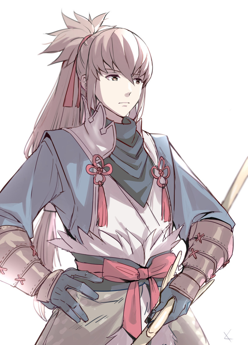 1boy bow_(weapon) fire_emblem fire_emblem_fates grey_hair hair_ribbon holding holding_bow_(weapon) holding_weapon japanese_clothes long_hair male_focus nintendo ponytail red_ribbon ribbon solo takumi_(fire_emblem) taromarun weapon