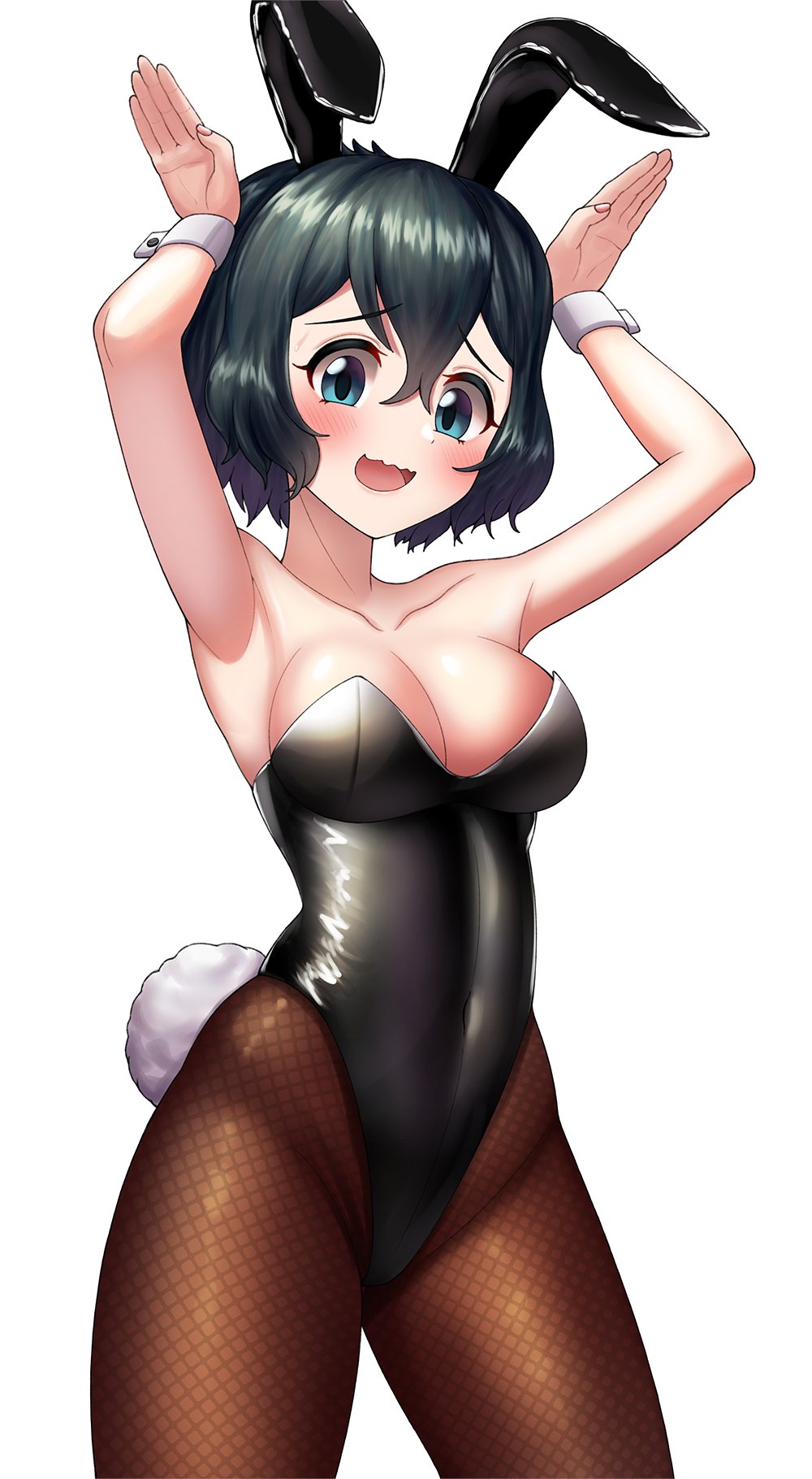 1girl animal_ears arms_up black_eyes black_hair black_leotard blue_eyes blush breasts chinese_zodiac embarrassed fake_animal_ears fake_tail fishnet_pantyhose fishnets hair_between_eyes highleg highleg_leotard highres kaban_(kemono_friends) kemono_friends large_breasts leotard looking_at_viewer neukkom pantyhose playboy_bunny rabbit_ears rabbit_pose rabbit_tail short_hair solo strapless strapless_leotard tail wavy_hair year_of_the_rabbit