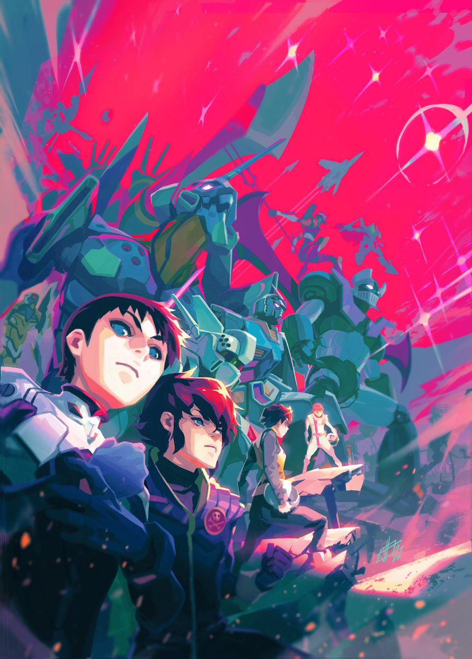 1girl 3boys aircraft airplane amuro_ray assault_visor av-98_ingram blue_eyes choujikuu_yousai_macross cover_image crossover eva_00 eva_01 eva_02 fighter_jet frown glowing glowing_eye gundam helmet highres holding holding_helmet holding_polearm holding_weapon horns ichijou_hikaru ikari_shinji izumi_noa kaibun_(magazine) kidou_keisatsu_patlabor lance_of_longinus_(evangelion) macross mazinger_(series) mazinger_z mecha mecha_pilot_suit military_vehicle mobile_suit_gundam multiple_boys multiple_crossover neon_genesis_evangelion official_art open_mouth pilot_suit plugsuit_(evangelion) polearm robot rx-78-2_gundam single_horn super_robot the_end_of_evangelion toni_infante unworn_headwear unworn_helmet vf-1 weapon