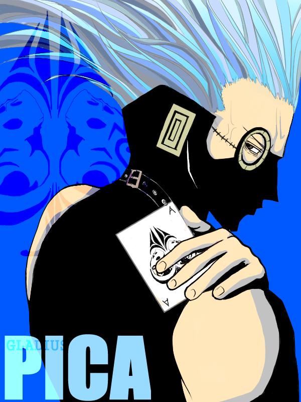 1boy blue_theme card character_name dressrosa fingerless_gloves gladius_(one_piece) gloves goggles male_focus mask one_piece over_shoulder playing_card sleeveless solo spade spiked_hair