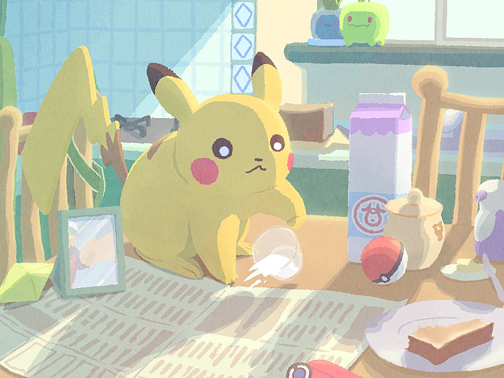 bottle bread bread_slice butter butter_knife chair food gen_1_pokemon hydrangea066 jar kitchen looking_down milk milk_bottle milk_carton moomoo_milk newspaper nintendo no_humans pikachu plate poke_ball poke_ball_(basic) pokemon pokemon_(creature) potion_(pokemon) revive_(pokemon) shadow smile sunlight table tail toast window