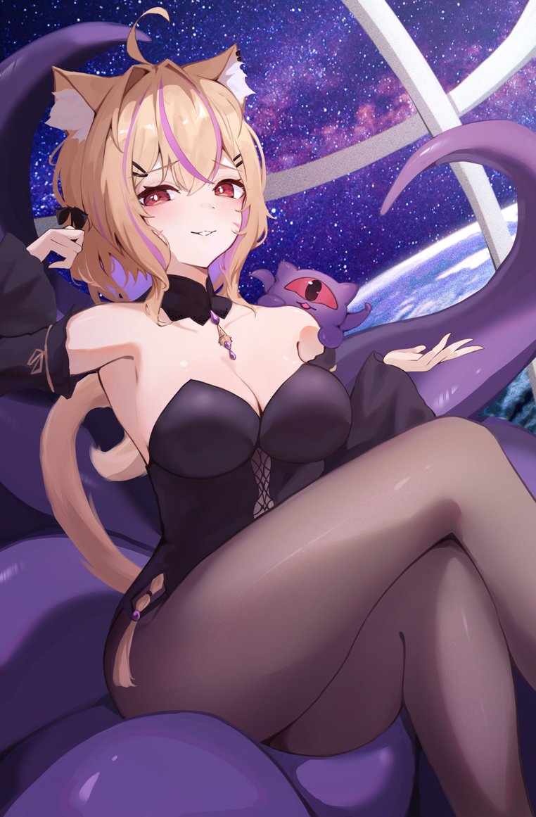 1girl ahoge alheitrakzoth animal_ear_fluff animal_ears black_leotard black_pantyhose blonde_hair breasts cat_ears cat_girl cat_tail colored_inner_hair commentary commission crossed_legs detached_sleeves english_commentary facial_mark indie_virtual_youtuber large_breasts leotard long_hair looking_at_viewer multicolored_hair pantyhose pisuke_(user_kcmh2774) purple_hair red_eyes second-party_source shyrei_faolan skeb_commission solo strapless strapless_leotard streaked_hair tail tentacles virtual_youtuber whisker_markings