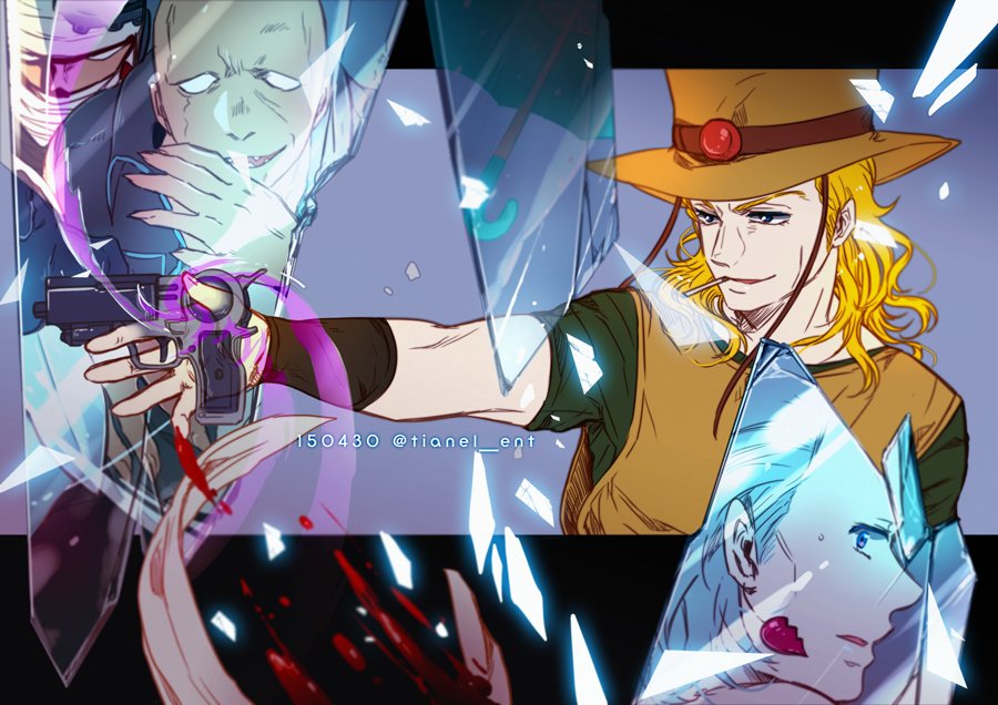 4boys bald blonde_hair blood blood_splatter blue_eyes broken_glass cowboy_hat earrings emperor_(stand) glass grey_hair gun handgun hanged_man_(stand) hat hol_horse j._geil jean_pierre_polnareff jewelry jojo_no_kimyou_na_bouken male_focus multiple_boys reflection revolver ribbon stand_(jojo) stardust_crusaders tianel_ent weapon