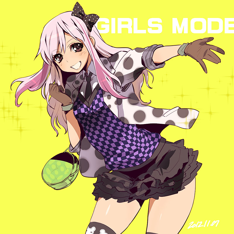 1girl bag black_skirt bow brown_eyes brown_gloves checkered_clothes checkered_vest commentary_request copyright_name cowboy_shot fashion frilled_skirt frills girls_mode gloves green_bag grin hair_bow handbag jacket long_hair looking_at_viewer pink_hair polka_dot polka_dot_jacket protagonist_(girls_mode) shirt simple_background skirt smile solo sparkle vest wagamama_fashion_girls_mode:_yokubari_sengen! white_shirt yajiro_masaru yellow_background