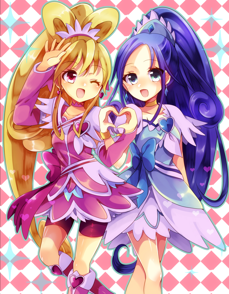 aida_mana argyle_background blonde_hair blue_bow blue_eyes blue_hair bow bracelet brooch choker crown_bow crystal_earrings cure_diamond cure_heart dokidoki!_precure doroshii earrings hair_ornament heart heart_brooch heart_hair_ornament heart_hands high_ponytail hishikawa_rikka jewelry long_hair magical_girl open_mouth pink_arm_warmers pink_background pink_eyes pink_sleeves pink_wrist_cuffs ponytail precure skirt smile waist_bow wide_ponytail wrist_cuffs yellow_choker