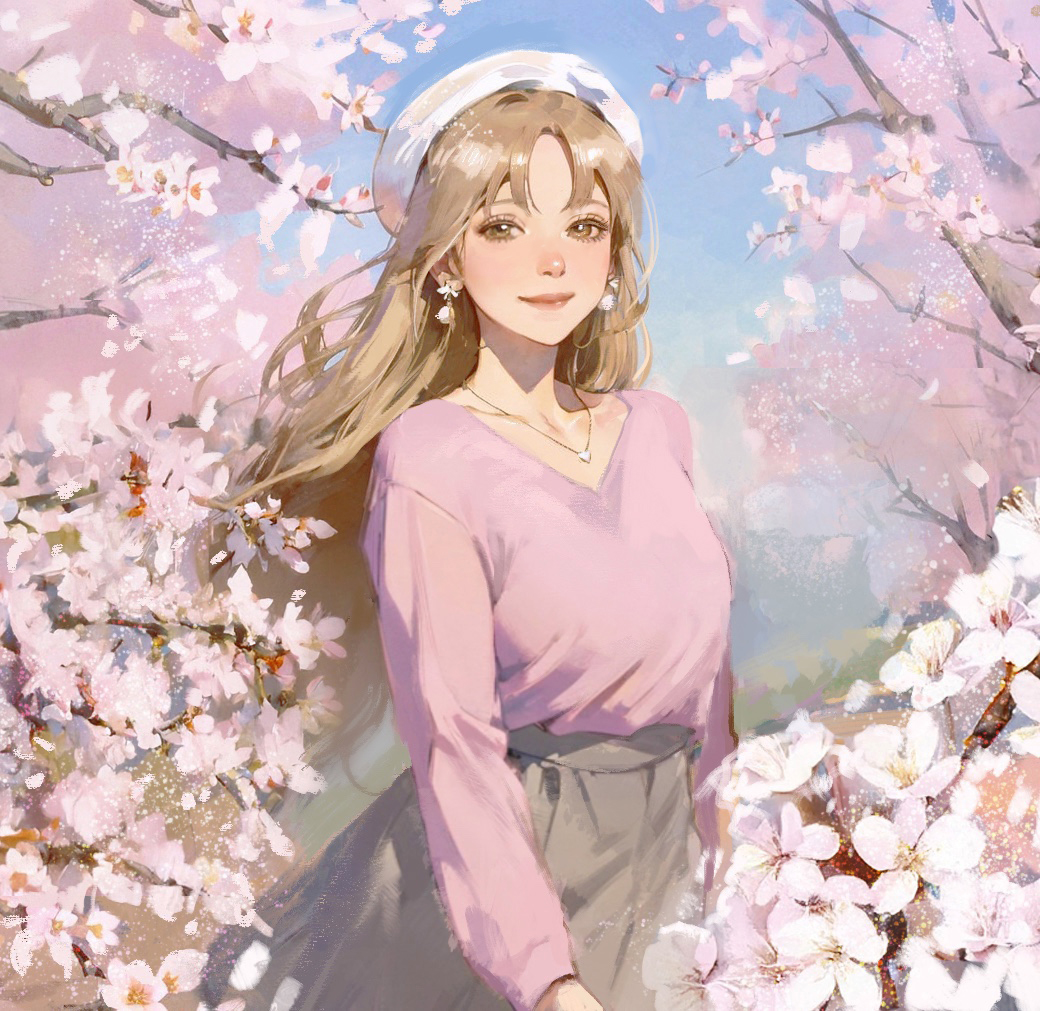 1girl blonde_hair blush cherry_blossoms closed_mouth earrings grey_skirt hat jewelry jomidraws long_hair looking_at_viewer necklace nijisanji parted_bangs pink_shirt shirt sister_claire sister_claire_(4th_costume) skirt smile solo virtual_youtuber white_hat yellow_eyes