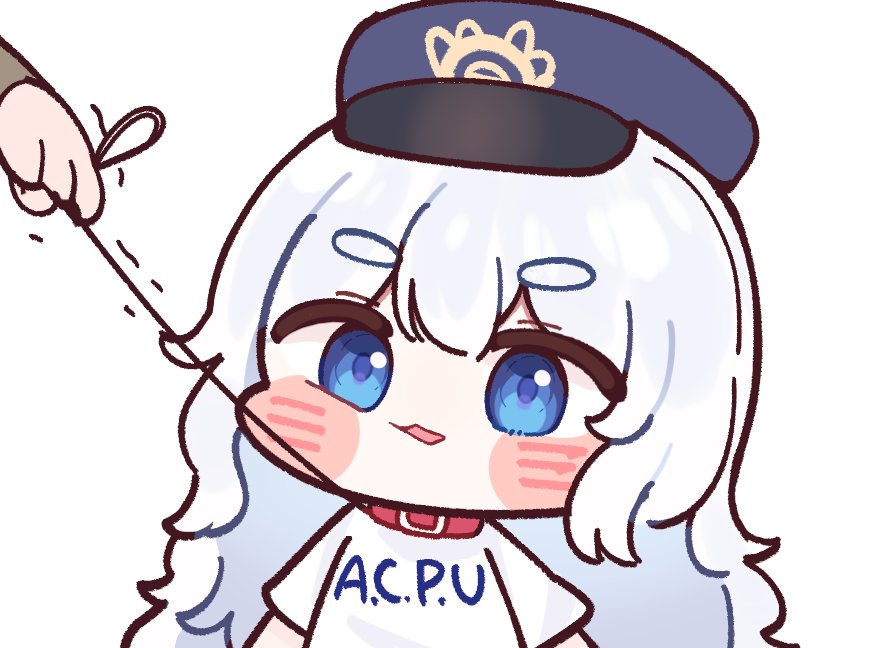 1girl 1other blue_eyes blush_stickers collar goddess_of_victory:_nikke hat leash long_hair mming_(mmingis18) poli_(nikke) police_hat shirt sidelocks very_long_hair wavy_hair white_hair white_shirt