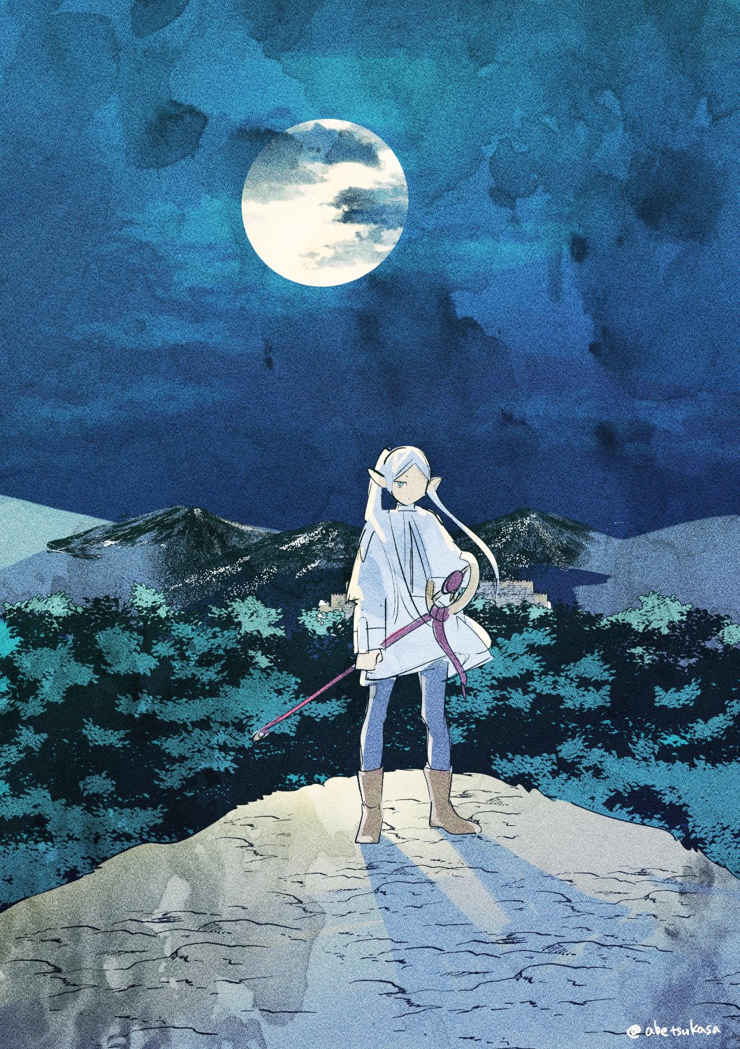 1girl abe_tsukasa blue_pantyhose boots brown_boots capelet cliff cloud commentary_request dress elf forest fortress frieren green_eyes hair_over_shoulder highres holding holding_staff long_sleeves looking_at_viewer mage_staff moon mountain mountainous_horizon nature night night_sky pantyhose parted_bangs pointy_ears shadow short_eyebrows sketch sky solo sousou_no_frieren staff standing twintails twitter_username white_dress white_hair wind