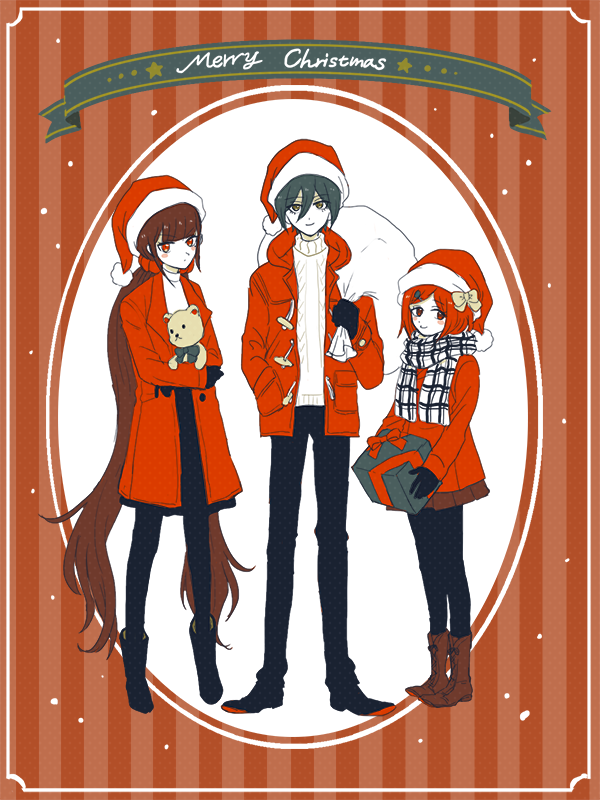 1boy 2girls alternate_costume banner black_footwear black_gloves black_pants black_pantyhose black_skirt blue_hair blunt_bangs blush_stickers boots bow bowtie brown_eyes brown_footwear brown_hair brown_skirt carrying_over_shoulder christmas closed_mouth coat collared_coat commentary_request cross-laced_footwear danganronpa_(series) danganronpa_v3:_killing_harmony english_text expressionless eyelashes full_body fur-trimmed_headwear fur_trim gift gloves gohan_(8823cobalt) green_bow green_bowtie hair_between_eyes hair_bow hair_ornament hair_scrunchie hairclip hand_in_own_hair harukawa_maki hat height_difference high-waist_skirt holding holding_gift holding_sack holding_stuffed_toy hood hood_down hooded_coat lapels long_hair long_sleeves looking_at_viewer low_twintails medium_skirt merry_christmas miniskirt multiple_girls oval pants pantyhose plaid_clothes plaid_scarf pleated_skirt pointy_footwear pom_pom_hat_ornament red_background red_coat red_eyes red_hair red_hat red_scrunchie sack saihara_shuichi santa_hat scarf scrunchie shirt shoes short_hair skirt sleeves_past_wrists smile snowing standing star_(symbol) striped_background stuffed_animal stuffed_toy sweater teddy_bear turtleneck turtleneck_shirt turtleneck_sweater twintails very_long_hair white_scarf white_shirt white_sweater winter_clothes winter_coat yellow_bow yellow_eyes yumeno_himiko