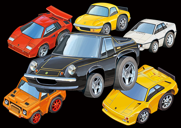 black_background car chibi choro-q lamborghini lamborghini_countach lamborghini_diablo lamborghini_lm002 lotus_(brand) lotus_elan lotus_esprit lotus_europa motor_vehicle no_humans official_art spoiler_(automobile) sports_car sports_utility_vehicle vehicle_focus wada_takayoshi