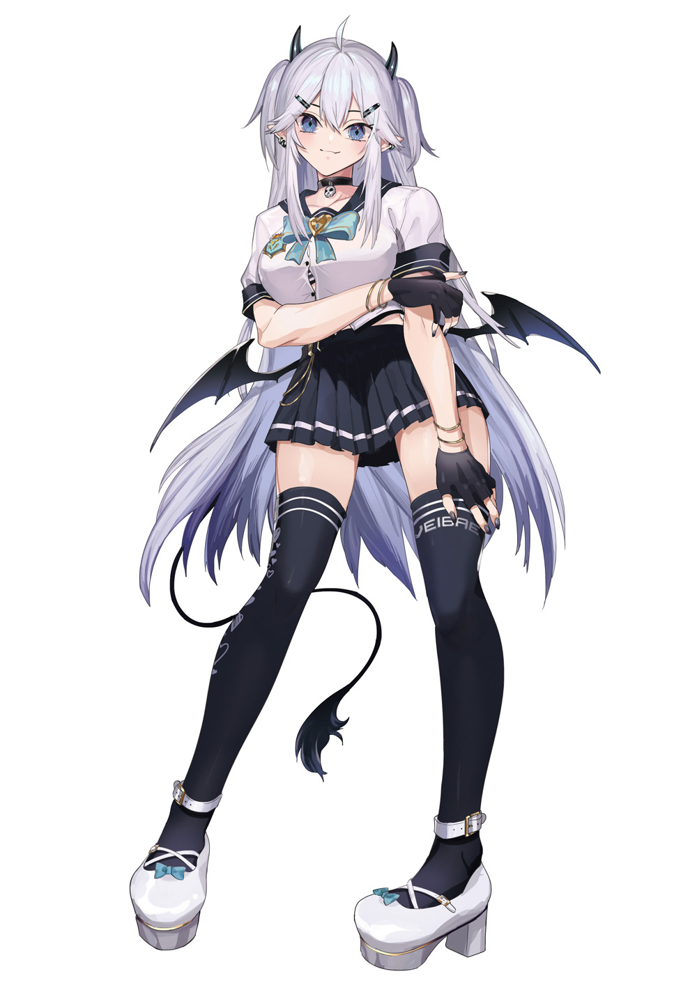 1girl black_choker black_gloves black_horns black_nails black_sailor_collar black_skirt black_thighhighs blue_eyes bow bracelet breasts choker crossed_bangs demon_wings double-parted_bangs earrings fang fingerless_gloves full_body gloves gold_bracelet green_bow hair_between_eyes hair_ornament highres horns indie_virtual_youtuber jewelry puppeteer7777 sailor_collar skirt solo thighhighs vei_(vtuber) vei_(vtuber)_(11th_costume) virtual_youtuber wings