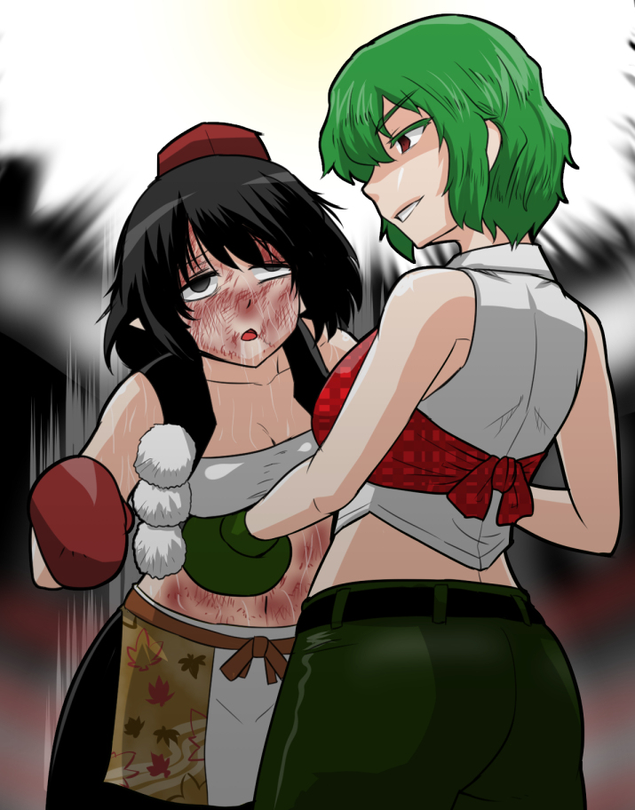 2girls ass boxing candorange catfight kazami_yuuka multiple_girls ryona shameimaru_aya tagme touhou