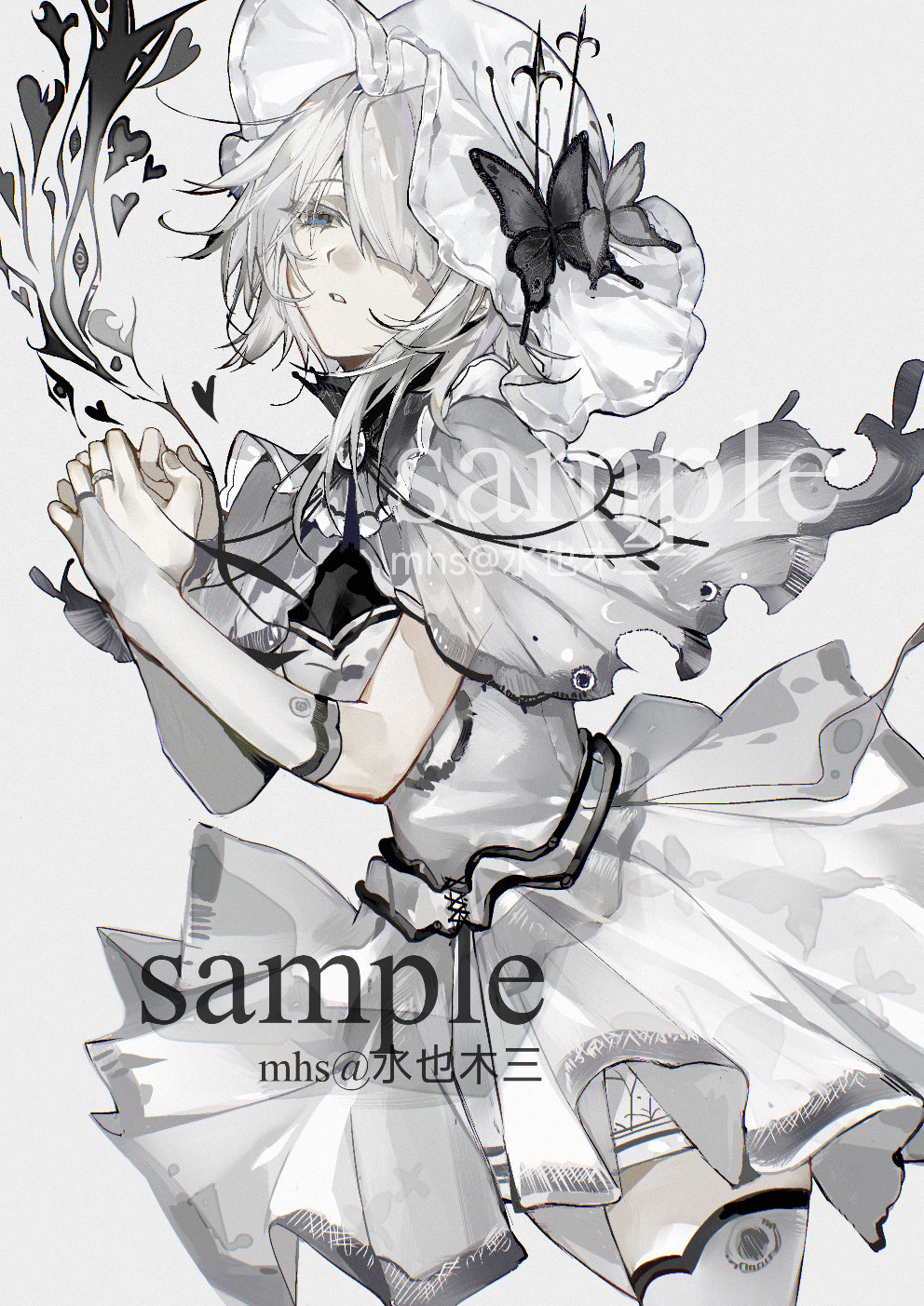 1girl blue_eyes butterfly_hat_ornament capelet character_request chinese_commentary colored_eyelashes commentary_request commission copyright_request dress gloves hair_over_one_eye hat hat_ornament heart highres jewelry own_hands_together red_eyes ring sample_watermark shuiyemusan solo thighhighs watermark white_background white_capelet white_dress white_gloves white_hair white_hat white_thighhighs