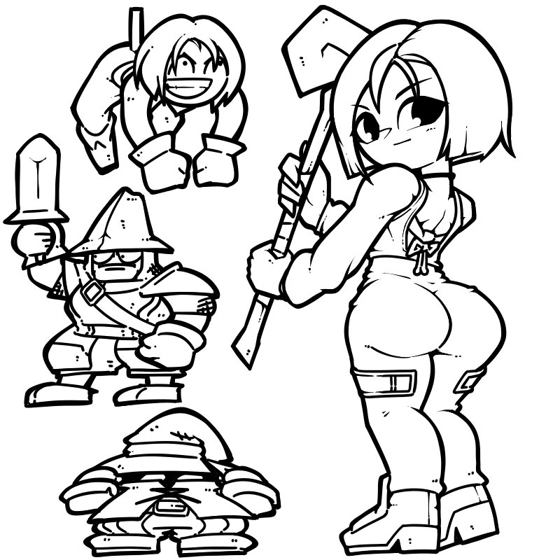 1girl 3boys adelbert_steiner ass bodysuit choker final_fantasy final_fantasy_ix garnet_til_alexandros_xvii holding holding_staff lineart long_sleeves looking_back monochrome multiple_boys name_omoitukan2 short_hair simple_background staff thick_lineart vivi_ornitier white_background zidane_tribal