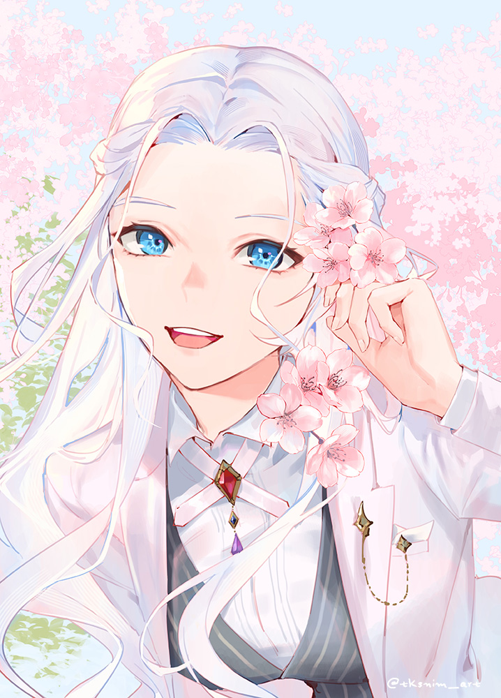 1girl :d alternate_costume blue_eyes cherry_blossoms collared_shirt commentary day final_fantasy final_fantasy_xiv flower gem hair_flower hair_ornament half_updo hand_up jacket lapel_pin long_hair long_sleeves looking_at_viewer open_mouth outdoors red_gemstone shirt signature smile solo striped_clothes striped_vest symbol-only_commentary tk_(tksnim) twitter_username upper_body venat_(ff14) vest white_hair white_jacket white_shirt