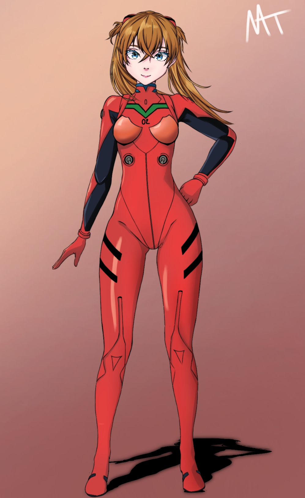 1girl alternate_hairstyle artist_request blue_eyes bodysuit breasts brown_hair cowboy_shot full_body gloves hair_between_eyes hand_on_own_hip highres interface_headset_(evangelion) long_hair looking_at_viewer mecha_pilot_suit neon_genesis_evangelion plugsuit_(evangelion) red_bodysuit shiny_clothes simple_background smile solo souryuu_asuka_langley twintails