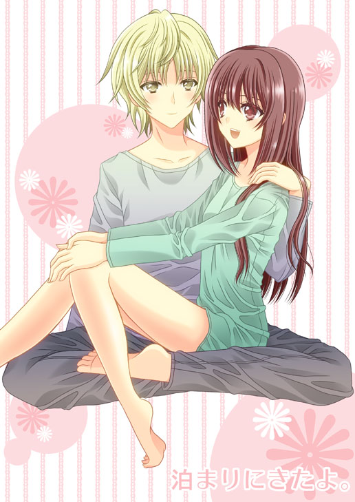 1boy 1girl alternate_hairstyle bad_id bad_pixiv_id barefoot blonde_hair brown_eyes brown_hair fujioka_(minami-ke) minami-ke minami_kana sitting sitting_on_lap sitting_on_person yellow_eyes yuubararin