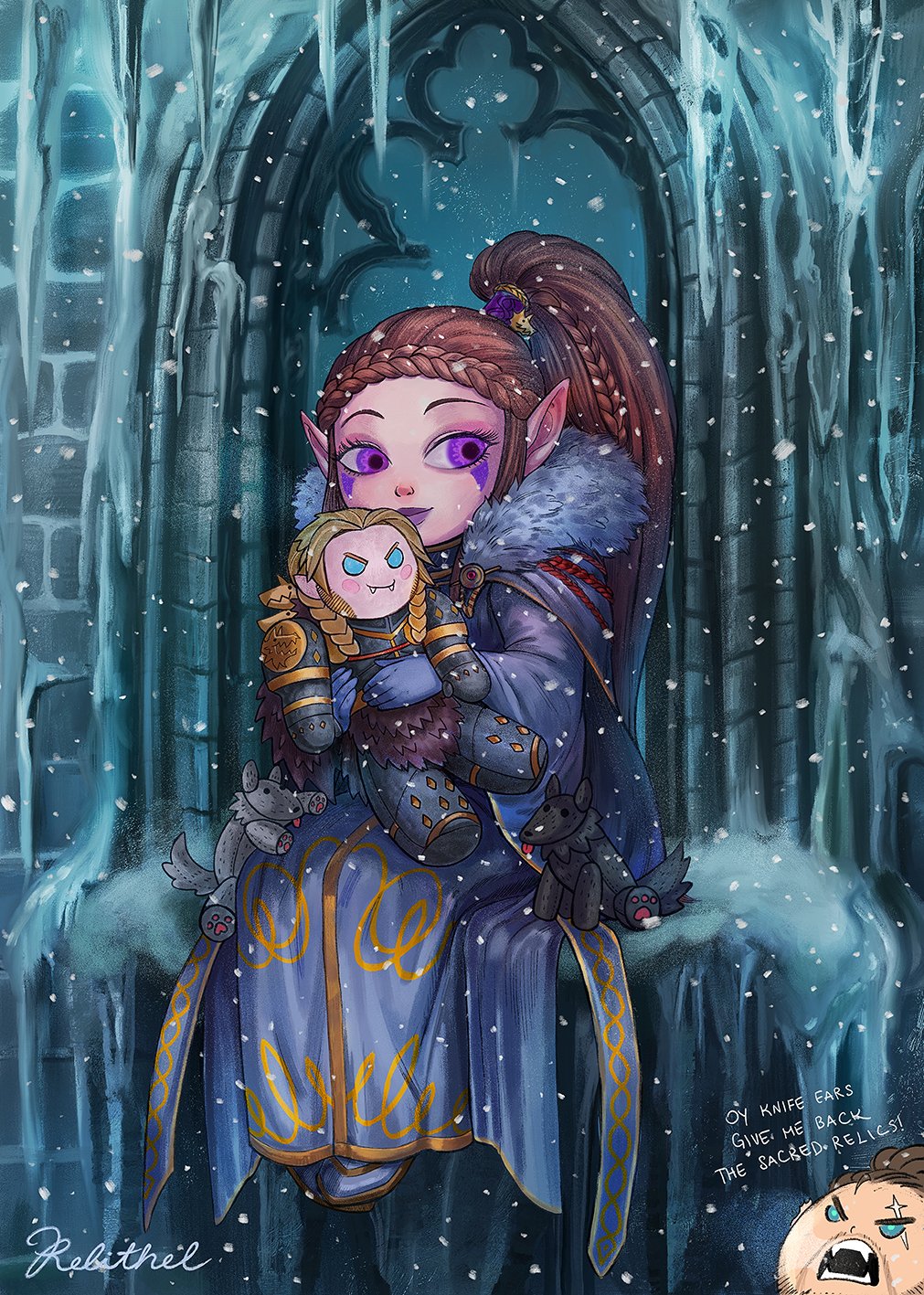 1boy 1girl adeptus_astartes blue_dress blue_gloves braid brown_hair character_doll cloak colored_skin commentary crown_braid doll dress eldar english_commentary english_text facial_mark fur-trimmed_cloak fur_trim gloves hair_tubes high_ponytail highres holding holding_doll ice leman_russ long_dress pink_skin pointy_ears ponytail purple_eyes purple_lips relithel signature sitting smile snow throne warhammer_40k