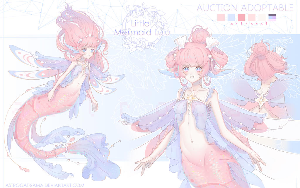 1girl adoptable artist_name astrocatsama bare_arms bare_shoulders beads bikini bikini_top_only blue_background blue_bikini blue_eyes blunt_bangs bottomless character_name reference_sheet clenched_hand closed_mouth collarbone color_guide cowboy_shot cropped_torso deviantart_username double_v english_text fairy_wings fingernails from_behind frown full_body grin hair_bobbles hair_bun hair_ornament hair_rings light_blush long_hair looking_at_viewer mermaid monster_girl multiple_views navel open_bikini open_clothes original pink_hair shell_hair_ornament single_hair_bun smile swimsuit two-tone_background v white_background wings