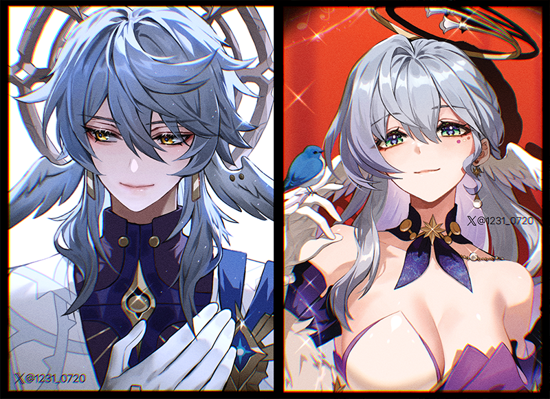 1boy 1girl aqua_eyes bare_shoulders bird bird_on_hand black_border blue_choker border breasts brother_and_sister choker cleavage commentary detached_sleeves dress gloves grey_hair halo head_wings honkai:_star_rail honkai_(series) long_hair looking_at_viewer looking_to_the_side medium_breasts np_(1231_0720) purple_dress robin_(honkai:_star_rail) siblings smile strapless strapless_dress sunday_(honkai:_star_rail) sunday_(sacerdos&#039;_relived_ordeal)_(honkai:_star_rail) two-tone_dress upper_body white_dress white_gloves wings yellow_eyes