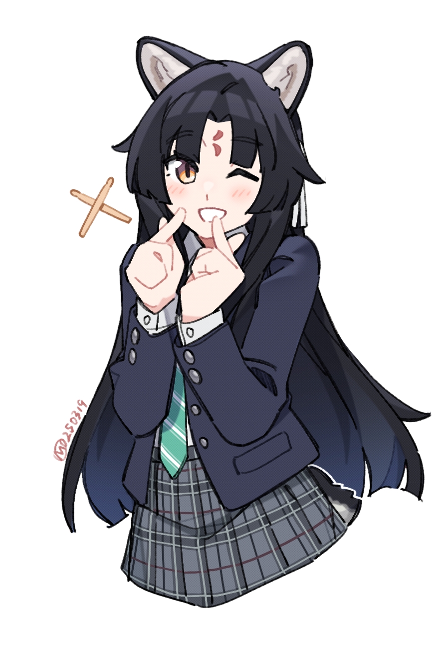 1girl ;d animal_ears arknights black_hair black_jacket black_skirt blazer blush buttoned_cuffs buttons commentary_request cropped_legs diagonal-striped_clothes diagonal-striped_necktie double_finger_heart facial_mark finger_heart forehead_mark green_necktie hair_intakes highres jacket long_hair long_sleeves looking_at_viewer mochusama necktie one_eye_closed open_mouth parted_bangs plaid_clothes plaid_skirt saga_(arknights) school_uniform simple_background skirt smile solo striped_clothes white_background yellow_eyes