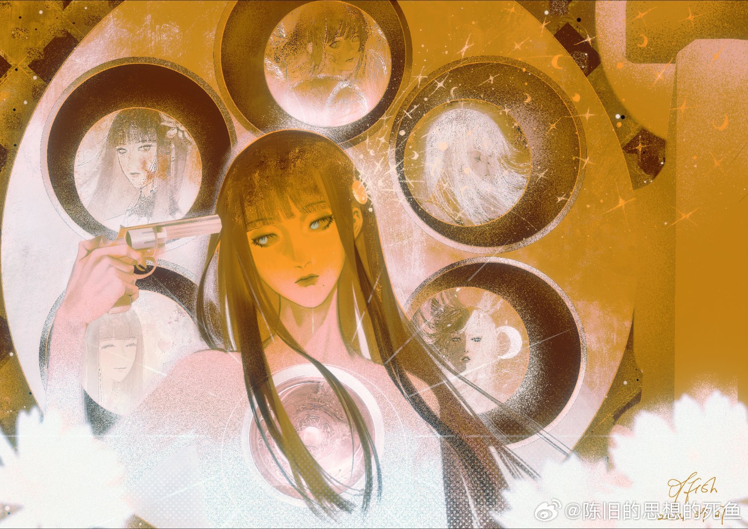 1girl black_hair chenjiu_de_sixiang_de_si_yu closed_mouth final_fantasy final_fantasy_xiv flower gun hair_flower hair_ornament handgun holding holding_gun holding_weapon long_hair watermark weapon weibo_watermark yotsuyu_goe_brutus