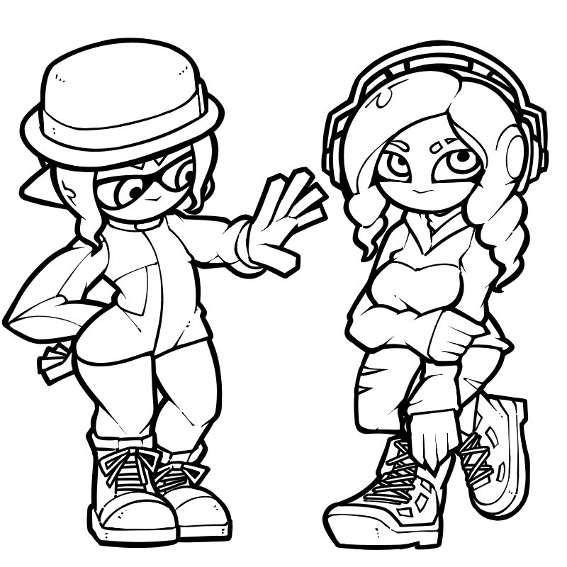 2girls 3: :&gt; boots breasts closed_mouth eyebrow_cut hand_on_own_arm hat headphones inkling inkling_girl inkling_player_character leg_up lineart long_hair long_sleeves medium_breasts monochrome multiple_girls name_omoitukan2 nintendo octoling octoling_girl octoling_player_character outstretched_arm pointy_ears short_hair simple_background splatoon_(series) tentacle_hair thick_lineart white_background