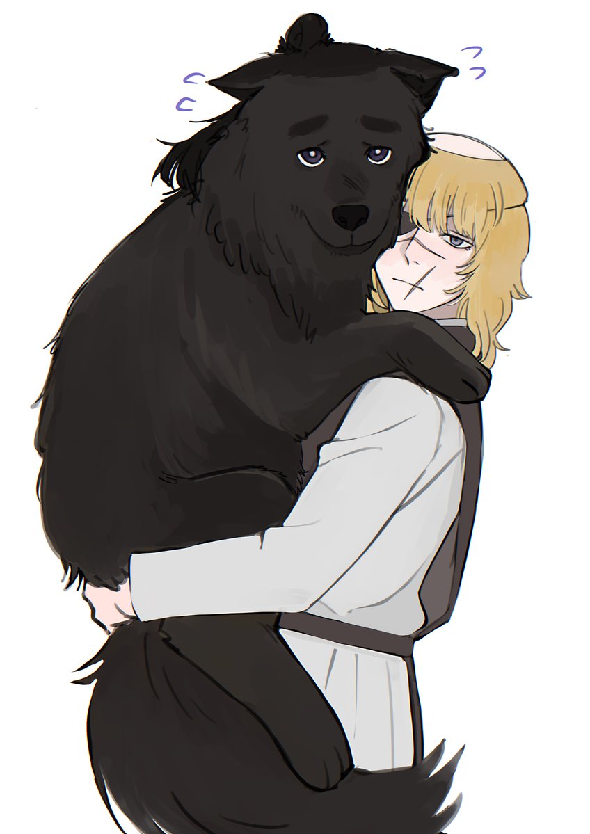 2boys animal animalization badeni black_fur blonde_hair chi.:_chikyuu_no_undou_ni_tsuite dog grey_eyes holding holding_animal holding_dog male_focus medium_hair monk multiple_boys oczy robe scar scar_on_face scar_on_mouth scar_on_nose tonsure upper_body white_background white_robe yuyuyuyriri