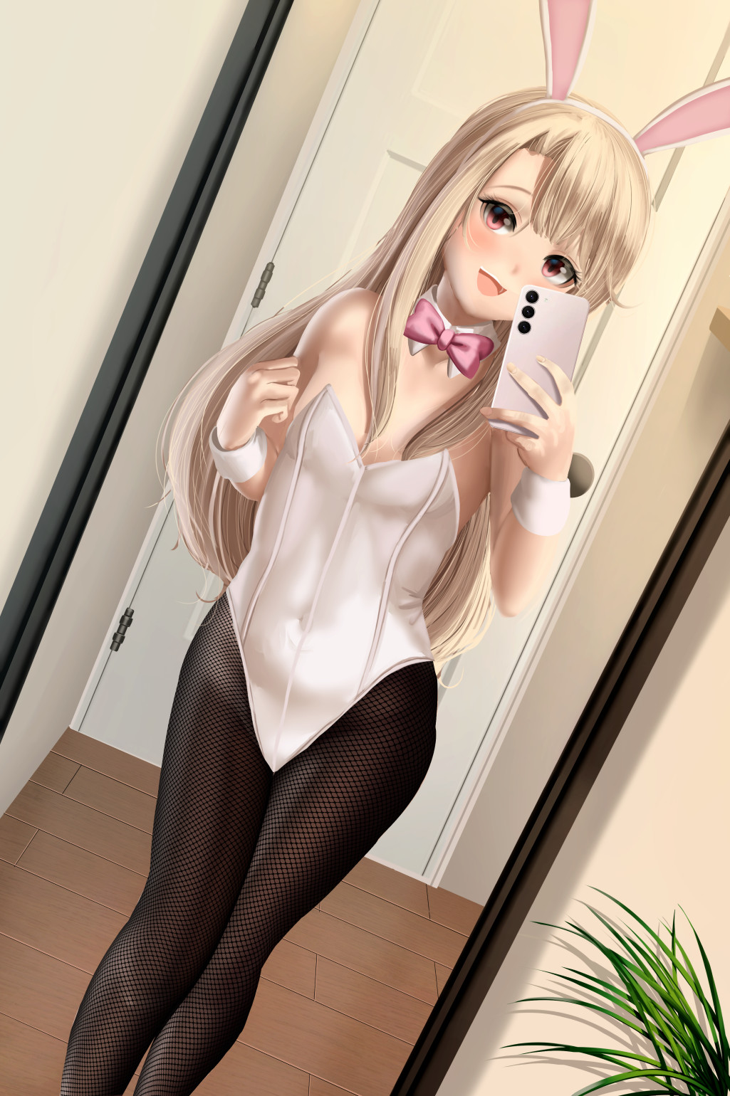 1girl animal_ears armband asymmetrical_hair bare_shoulders blonde_hair blush bow cellphone covered_navel dkoro fake_animal_ears fate/kaleid_liner_prisma_illya fate_(series) feet_out_of_frame female_focus fishnet_pantyhose fishnets groin highleg highleg_leotard highres holding holding_phone illyasviel_von_einzbern indoors leotard long_hair mirror bowtie open_mouth pantyhose phone pink_bow pink_eyes plant playboy_bunny rabbit_ears selfie smartphone solo standing teeth thighs upper_teeth_only very_long_hair white_leotard wooden_floor