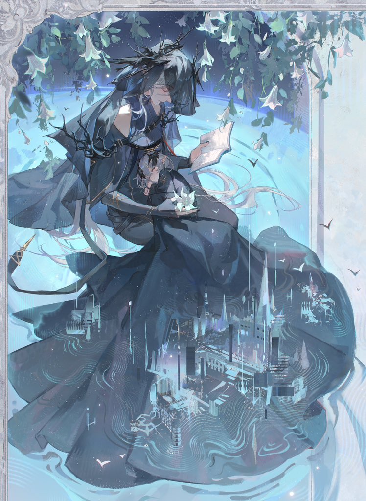 1boy 1girl aged_down arknights black_dress black_nails black_wings book commentary double_exposure dress flower grey_hair hair_spread_out head_wings laqeramaline_(arknights) logos_(arknights) lying_on_lap mother_and_son pointy_ears ponytail reading sleeping sleeping_on_person smusmuye veil white_flower wings