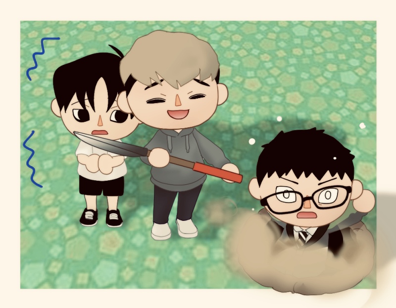 3boys animal_crossing animal_crossing_(style) crooked_eyewear holding holding_shovel katonist killing_stalking laughing male_focus multiple_boys nintendo oh_sangwoo shovel smile through_ground triangle_nose worried yang_seungbae yoon_bum