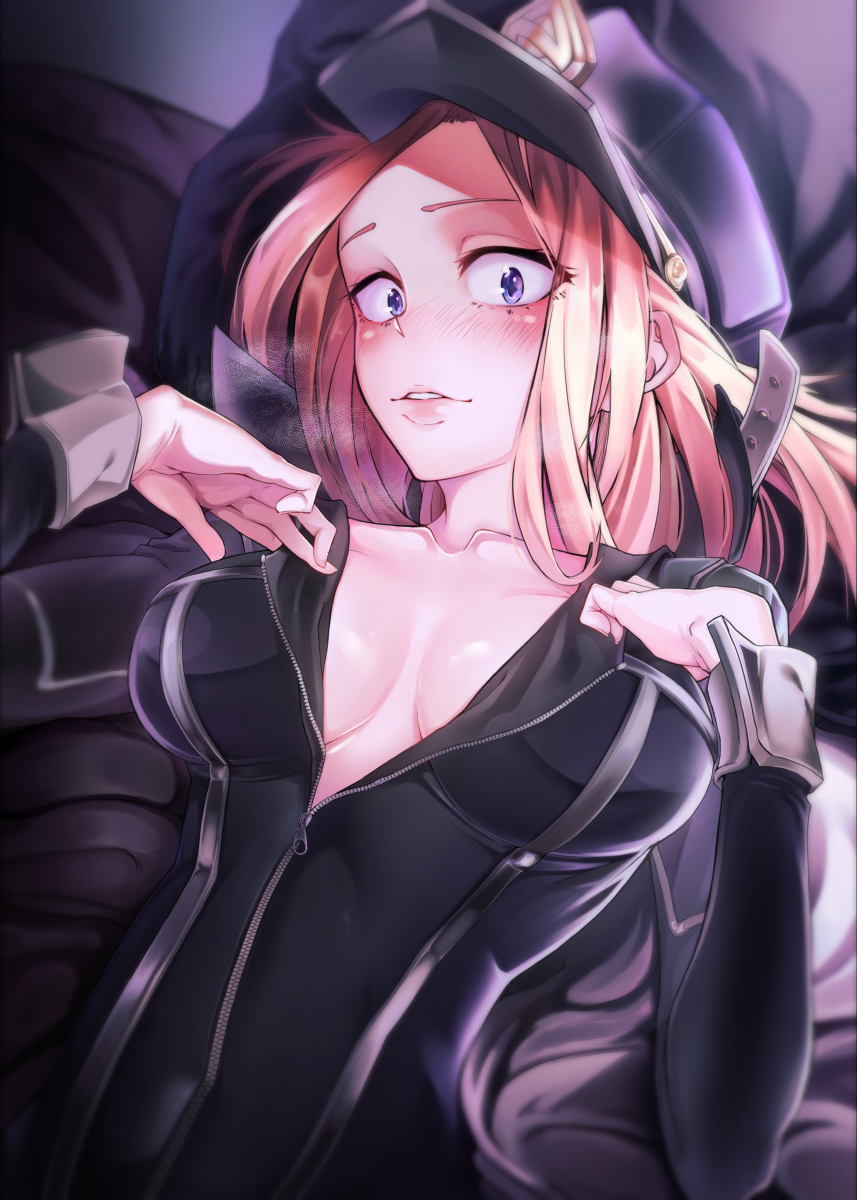 1girl blonde_hair blue_eyes blush boku_no_hero_academia breasts cleavage collarbone cum cum_on_body eyebrows facial hands_up hat highres kidmukuro lips long_hair looking_at_viewer medium_breasts parted_lips shiny_skin solo_focus tagme utsushimi_kemii