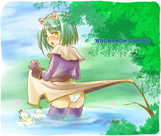 1girl 2000s_(style) accidental_exposure acolyte_(ragnarok_online) animal_ears ass bad_id blue_sky blush brown_capelet brown_skirt capelet cat_ears clothes_lift cowboy_shot day fake_animal_ears from_behind gameplay_mechanics gloves green_hair grey_gloves long_sleeves looking_at_viewer looking_back nose_blush open_mouth outdoors panties poring puddle purple_shirt purple_thighhighs ragnarok_online shirt short_hair skirt skirt_lift sky solo tachibana_sakuya_(matsurika) thighhighs tree underwear water white_panties yellow_eyes