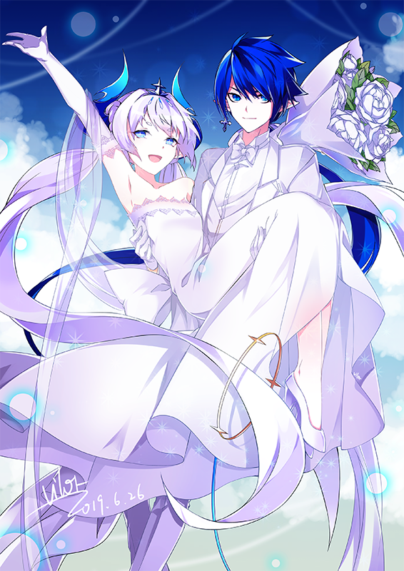 1boy 1girl blue_eyes blue_hair blue_horns bouquet bow bowtie carrying ciel_(kamitsubaki_studio) dated demon_girl demon_horns dress dress_shirt earrings elbow_gloves elsword flower gloves high_heels horns jacket jewelry long_hair luciela_r._sourcream open_mouth pointy_ears ponytail princess_carry shirt shoes signature single_earring sleeveless sleeveless_dress strapless strapless_dress suit_jacket tuxedo twintails very_long_hair vilor wedding_dress white_bow white_bowtie white_dress white_flower white_gloves white_hair white_jacket white_shirt white_shoes