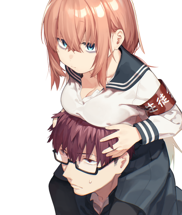 1boy 1girl armband bags_under_eyes black_sailor_collar black_skirt blue_eyes breast_rest breasts breasts_on_head brown_eyes brown_hair carrying cleavage cover cropped gakuran head_grab long_hair medium_breasts michinoku_komaro mizunoe_ume mizunoe_umi muchi_maro official_art on_shoulder pink_hair pleated_skirt red_armband sailor_collar school_uniform seitokai_ni_mo_ana_wa_aru! short_hair simple_background sitting_on_shoulder skirt white_background