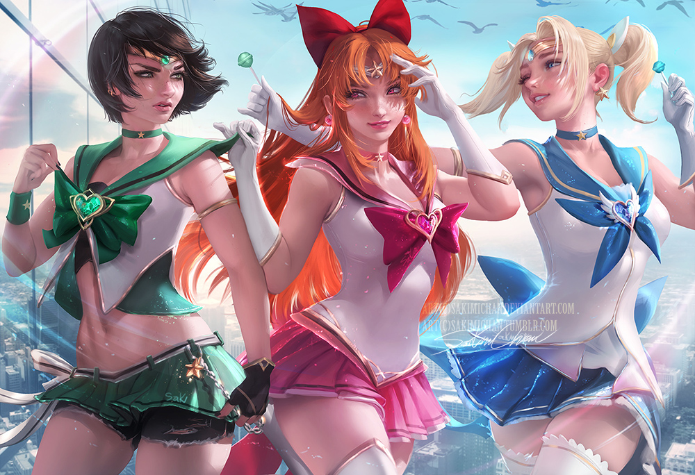 3girls armlet back_bow bare_arms bare_legs belt bird bishoujo_senshi_sailor_moon black_gloves black_hair blonde_hair blossom_(ppg) blue_bow blue_eyes blue_neckwear blue_skirt bow bubbles_(ppg) buttercup_(ppg) candy cartoon_network choker cityscape clenched_teeth clothes_grab cosplay crossover earrings emerald_(stone) female_focus fingerless_gloves food gem gloves green_bow green_choker green_eyes green_skirt grin hair_bow hair_ornament heart jewelry legs lips lollipop long_hair looking_at_another midriff multiple_girls nail_polish navel neck necklace one_eye_closed orange_hair outdoors outstretched_arm pale_skin parted_lips pink_choker pink_eyes pink_skirt pleated_skirt powerpuff_girls purple_bow red_bow sailor_senshi sailor_senshi_(cosplay) sakimichan blue_gemstone short_hair short_twintails shorts shorts_under_skirt siblings single_glove sisters skirt sleeveless smile star_(symbol) star_earrings star_necklace teeth thighhighs tiara twintails white_gloves white_legwear wink