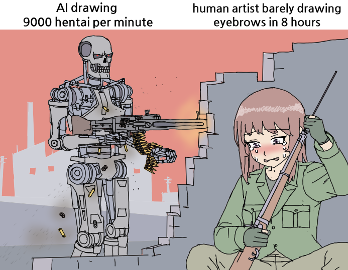 1girl ai-generated_art_(topic) anime_girl_hiding_from_a_terminator_(meme) blush brown_hair brown_pants bullet collared_shirt cowboy_shot crying crying_with_eyes_open english_text fukufaku gloves green_gloves green_skirt gun holding holding_weapon long_hair long_sleeves machine_gun meme military military_uniform open_mouth original outdoors pants reloading robot shirt sitting skirt t-800 tears terminator_(series) weapon