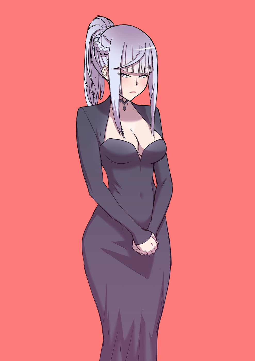 1girl blue_dress braid braided_ponytail breasts cleavage dress grey_eyes highres kjech megami_saiko single_braid white_hair yandere_simulator