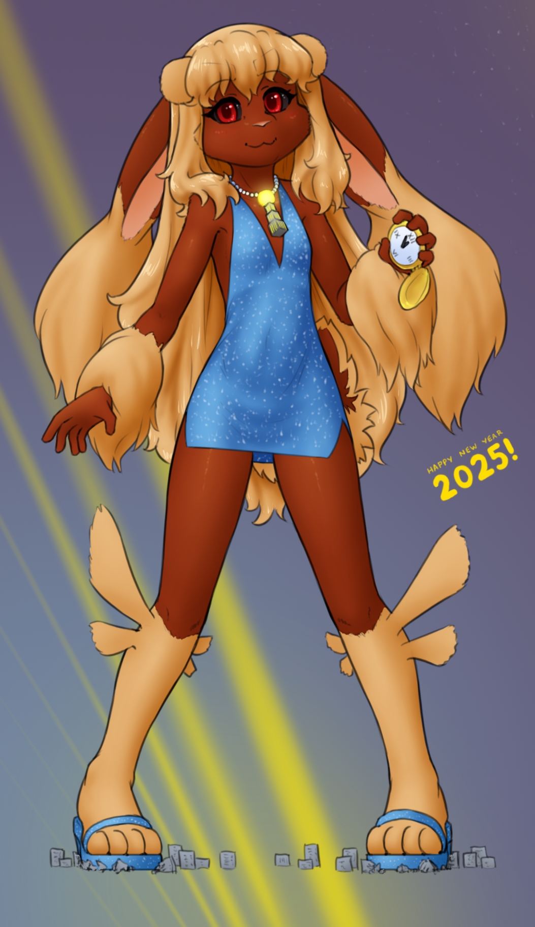 1girl 2025 :3 alloyrabbit animal_nose black_sclera blonde_hair blue_dress blue_sandals body_fur brown_fur closed_mouth colored_sclera covered_navel dress english_text female_focus flat_chest full_body gen_4_pokemon giant giantess glowing gradient_background hand_up happy happy_new_year holding holding_pocket_watch jewelry legs legs_apart long_ears long_hair looking_at_viewer lopunny necklace new_year nintendo pigeon-toed pocket_watch pokemon pokemon_(creature) rabbit_ears rabbit_girl rabbit_tail red_eyes sandals short_dress side_slit sidelocks sleeveless sleeveless_dress smile solo standing thighs toes two-tone_fur very_long_hair watch yellow_fur