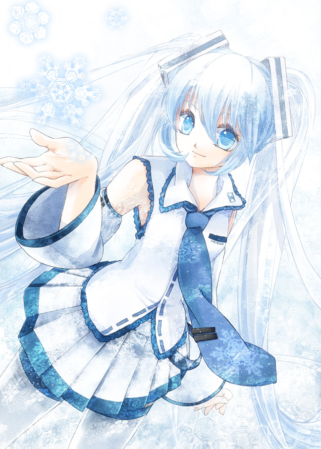 1girl 218 alternate_color blouse blue_eyes blue_necktie cowboy_shot detached_sleeves female_focus hatsune_miku long_hair miniskirt necktie shirt skirt snow snowflakes solo thighhighs twintails very_long_hair vocaloid white_hair white_shirt winter yuki_miku