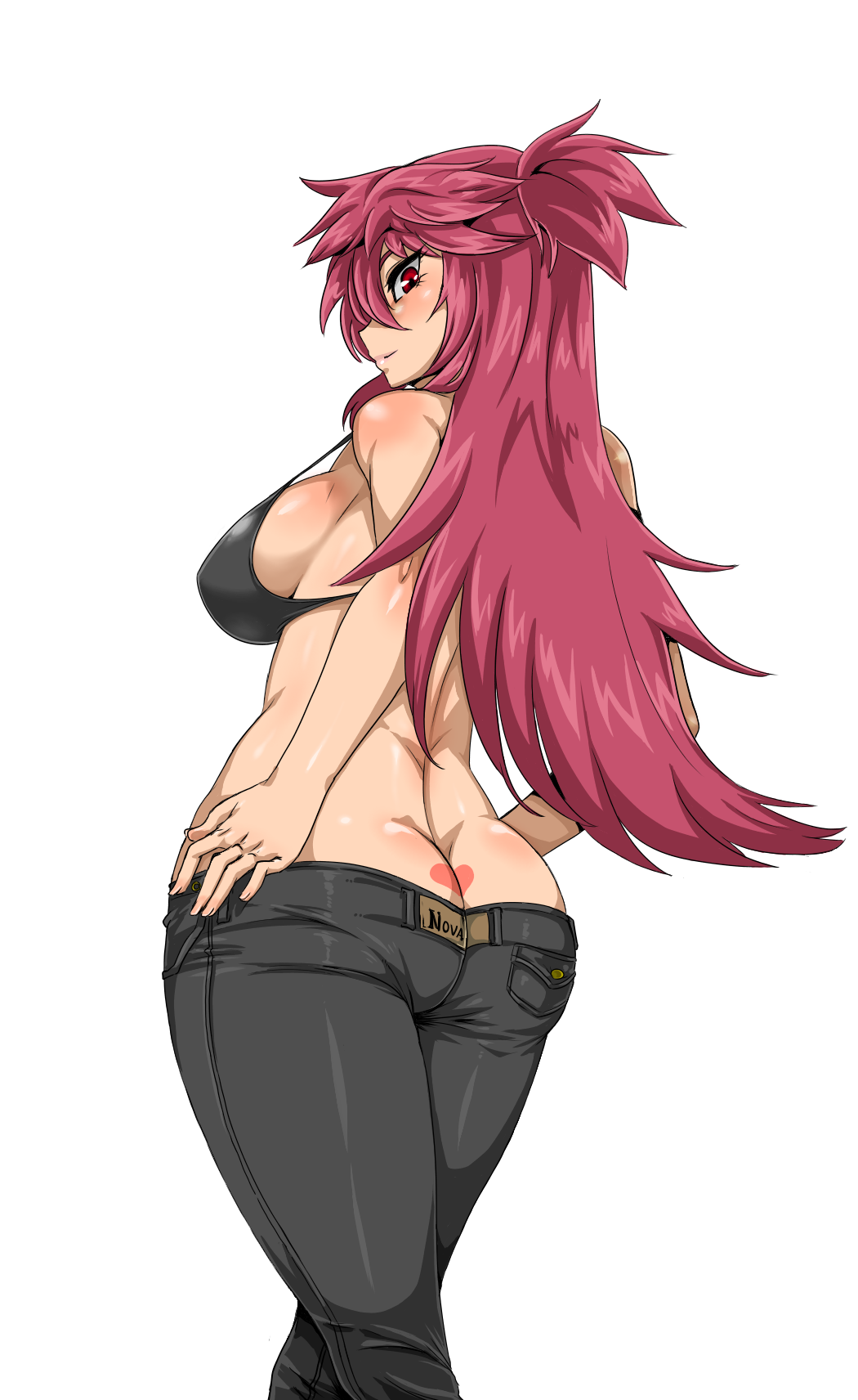 00s 1girl ass back_tattoo bikini bikini_top_only blush breasts butt_crack dancouga_nova denim from_behind heart hidaka_aoi highres jeans juusou_kikou_dancouga_nova kitsune-tsuki_(getter) large_breasts lipstick long_hair looking_back makeup pants pink_hair red_eyes sideboob swimsuit tattoo tight_clothes tight_pants tramp_stamp
