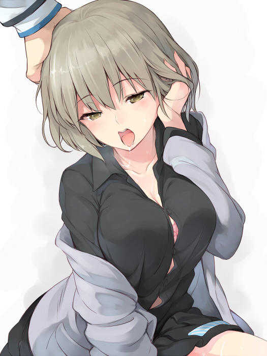 10s 1girl bad_id bad_pixiv_id black_shirt black_skirt blazer bra breasts collarbone devil_survivor_(series) devil_survivor_2 eyebrows grey_hair hakuregu hand_in_own_hair hand_on_another&#039;s_head hand_on_own_head jacket large_breasts long_sleeves nitta_io off_shoulder open_mouth out_of_frame ribbon saliva school_uniform shirt short_hair simple_background sitting skirt solo_focus striped_ribbon suggestive_fluid teeth tongue tongue_out tucking_hair underwear white_background yellow_eyes